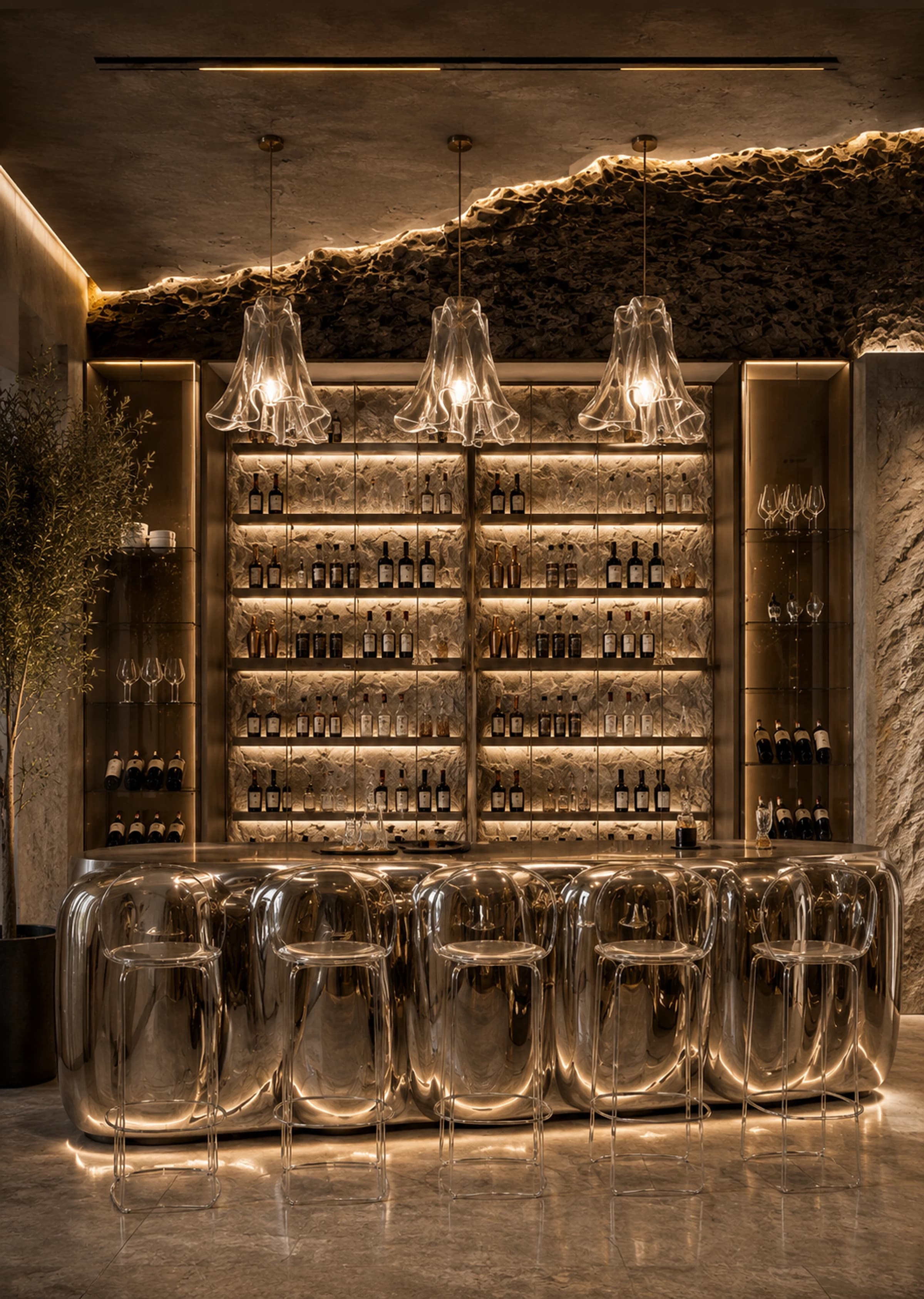 Lit bar with a mirrored counter, stone backdrop and glass pendants