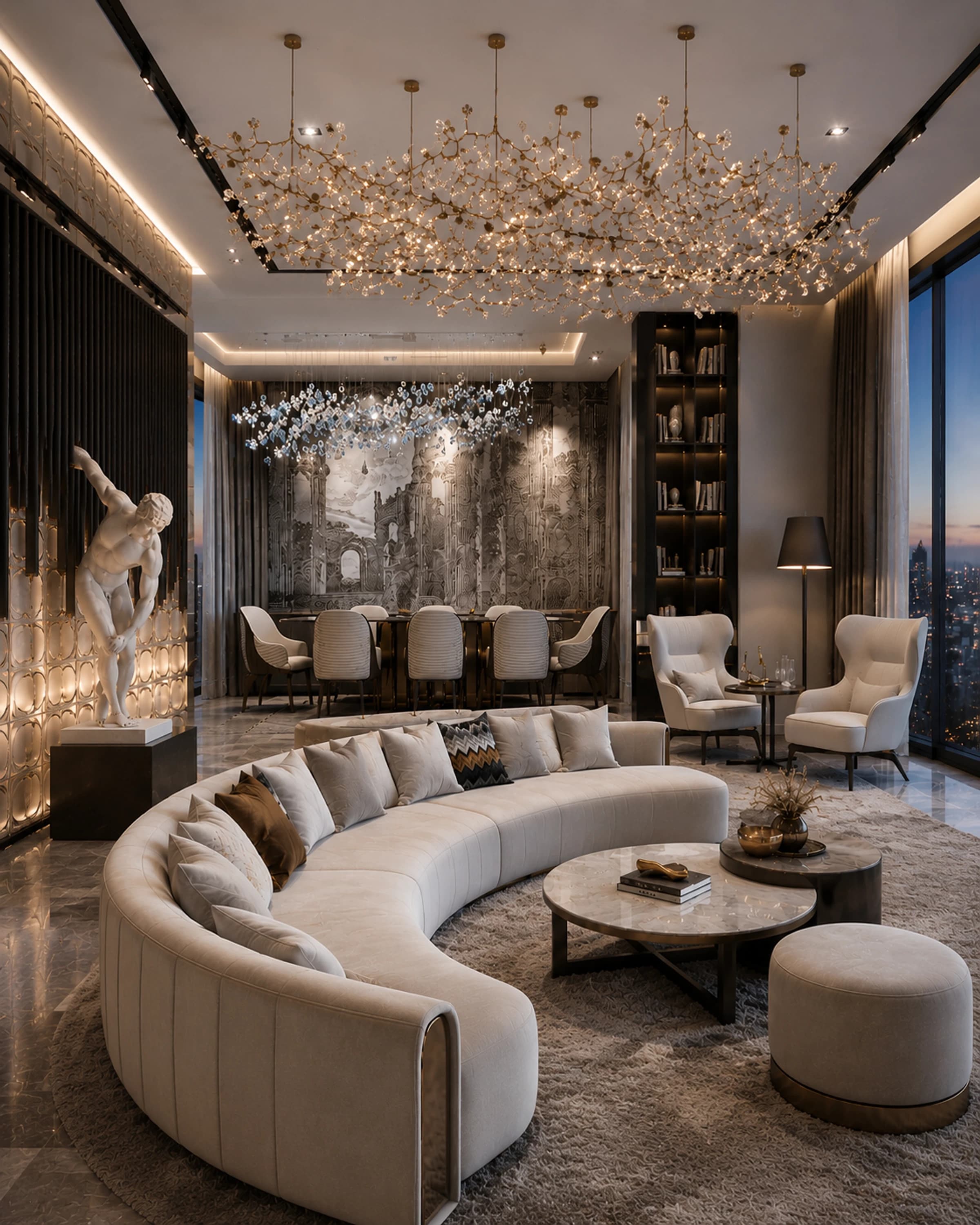 Living room with a curved sofa under a blossom chandelier, city view at dusk