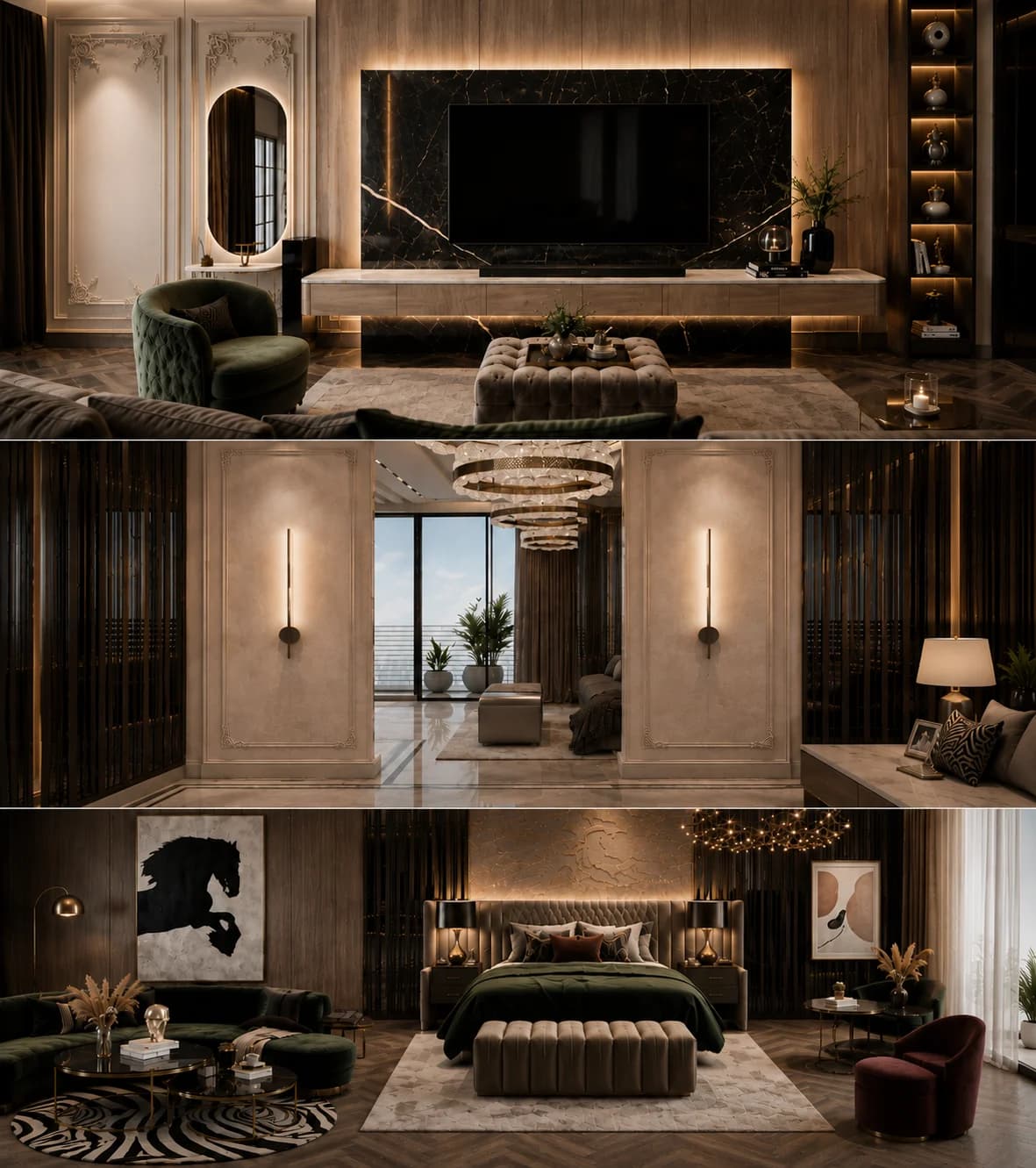 Three Marquis Living interiors: a living room, a hallway and a bedroom