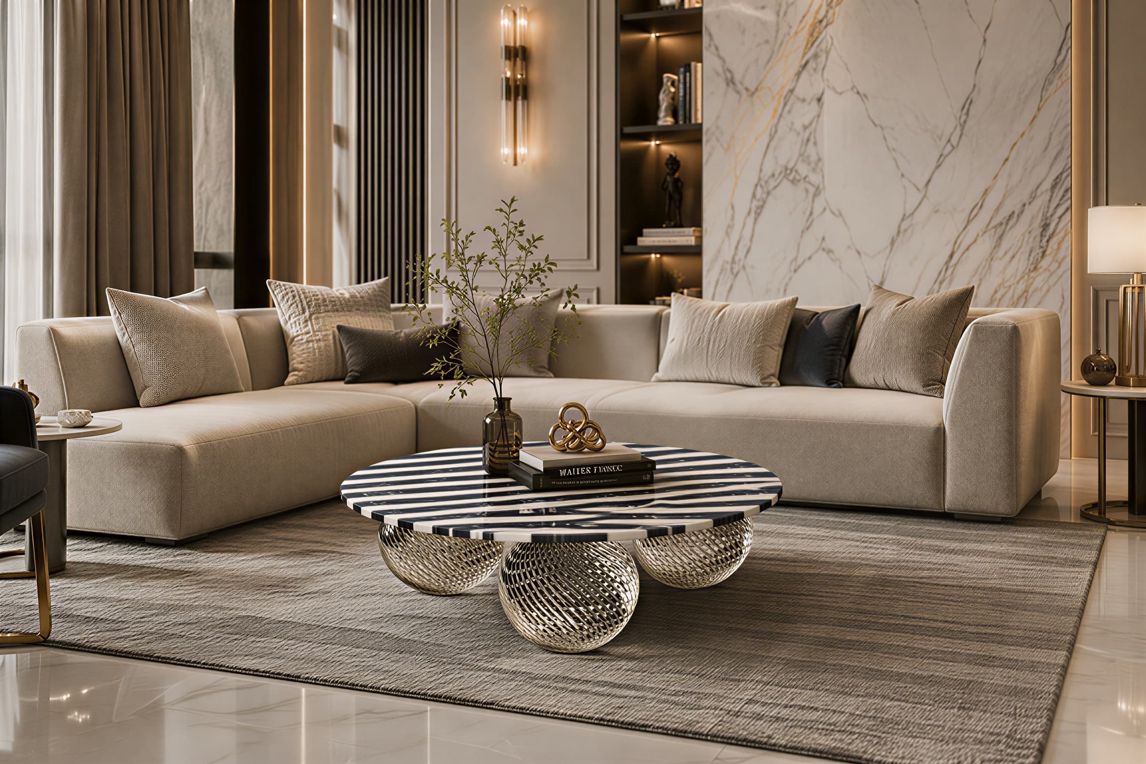 Marquis Living — marble and brass living room interior
